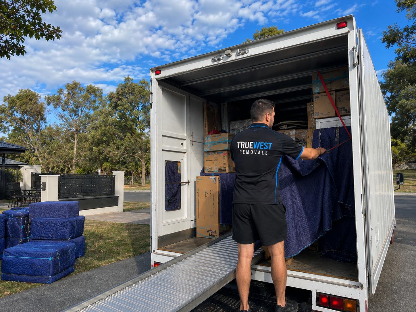 True West Removals crew loading a fully wrapped truck